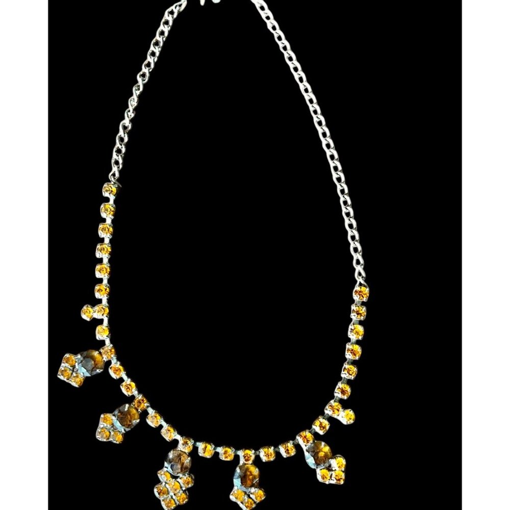 Silver & Yellow and amber colored Rhinestone 16” Necklace & Bracelet Set Adjusta